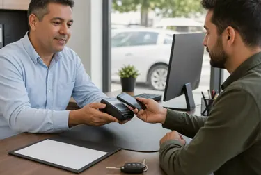 Cliente sendo atendido por um despachante para pagamento de débitos.