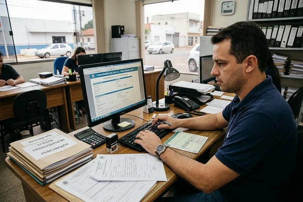 Despachante elaborando documentos para transferência de veículo.