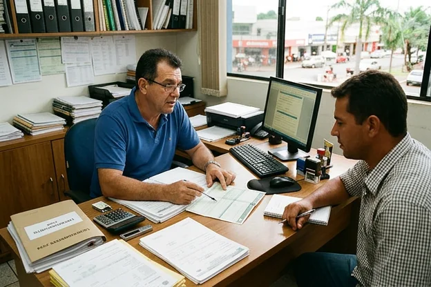 Despachante orientando cliente sobre licenciamento de veículos.